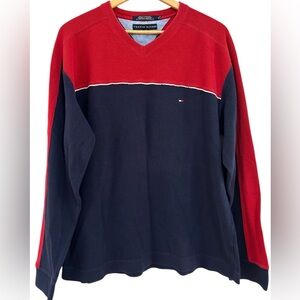 Vintage‎ Y2K Tommy Hilfiger Men’s Blue Red Stripe Flag V Neck Sweater Top Sz XL